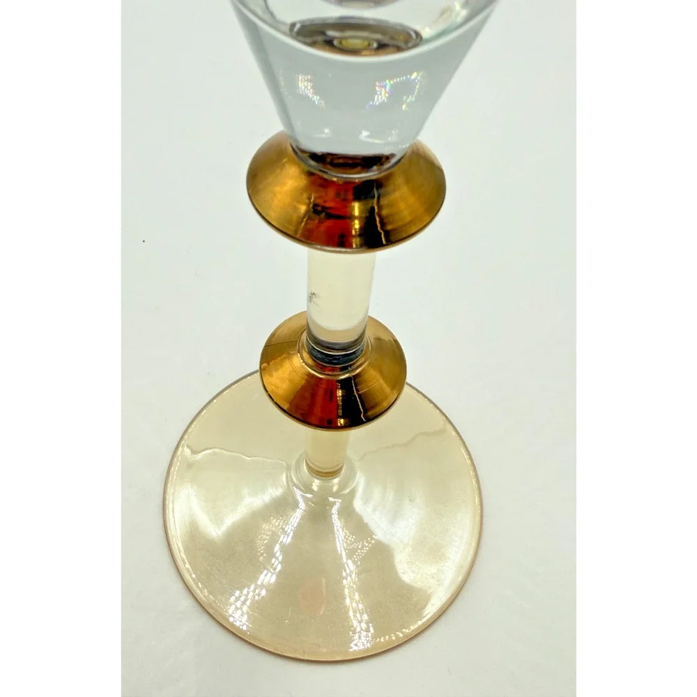 Pier 1 Champagne Flutes P1c71 Gold Disc Stem Iridescent Amber Base V Shaped Bowl